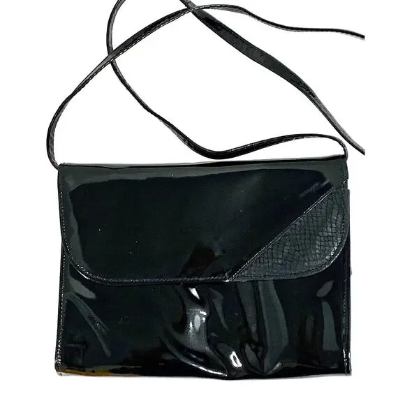 70's 80s Black Italian Patent Leather Shoulder Bag ClutchItaly